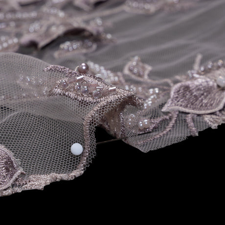 3D Embroidered Lace with Beads and Scalloped Edges - Lilac Floral