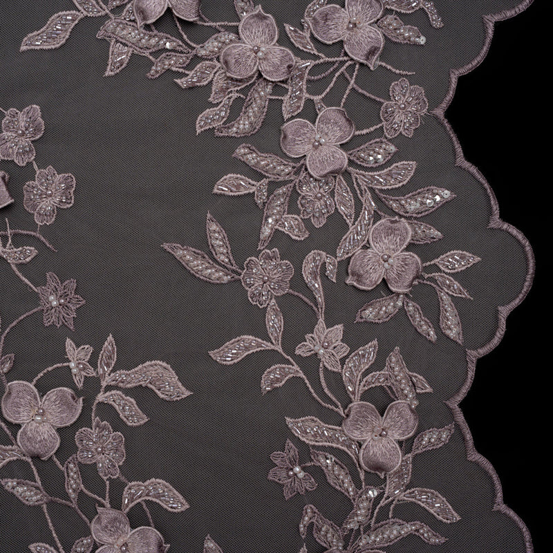 3D Embroidered Lace with Beads and Scalloped Edges - Lilac Floral