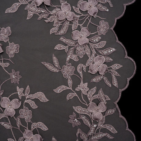 3D Embroidered Lace with Beads and Scalloped Edges - Lilac Floral