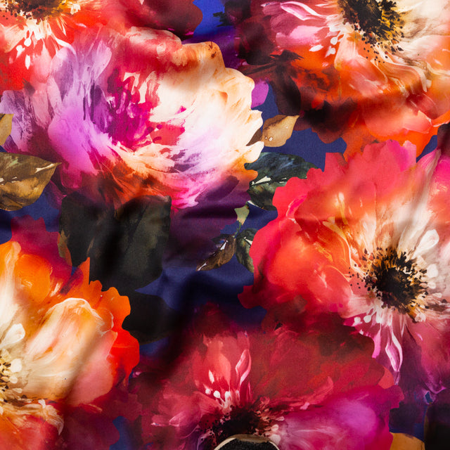 Mood Exclusive Italian Pink, Orange and Blue Painterly Floral Digitally Printed Silk Charmeuse