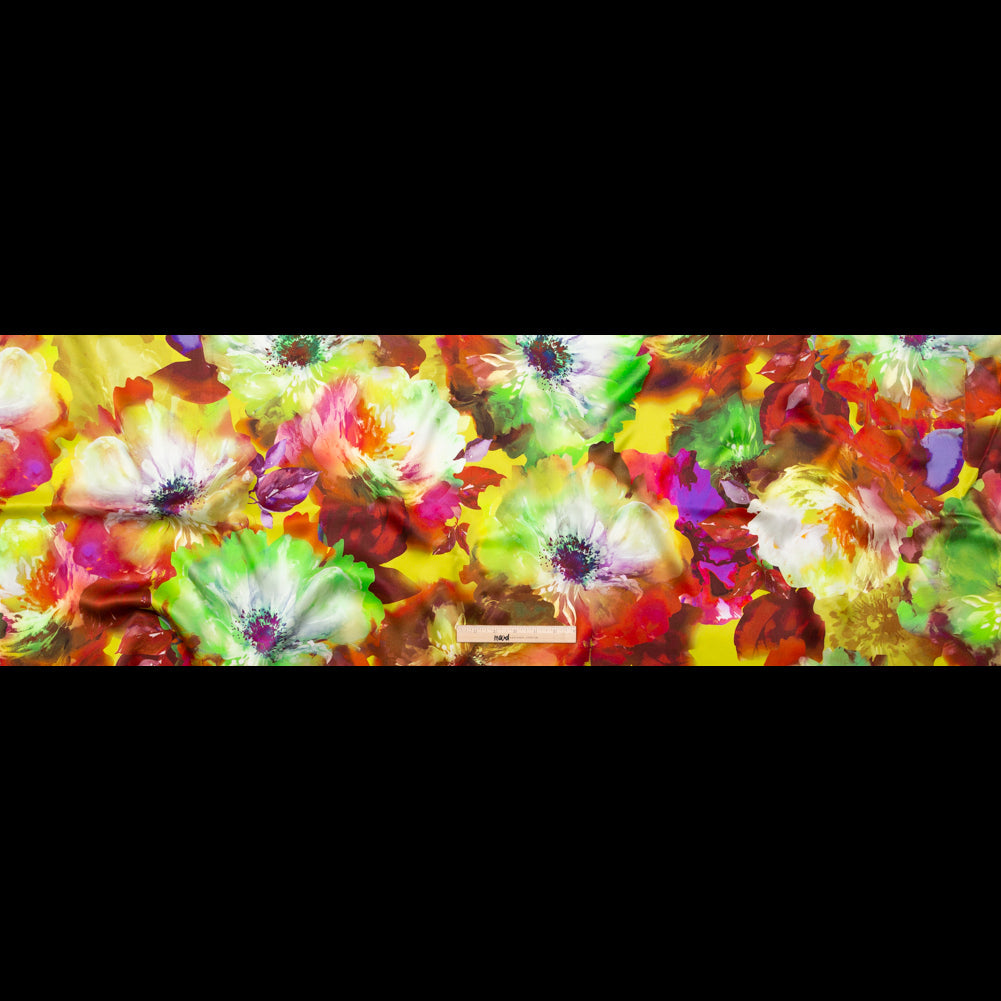 Mood Exclusive Italian Green and Orange Painterly Floral Digitally Printed Silk Charmeuse