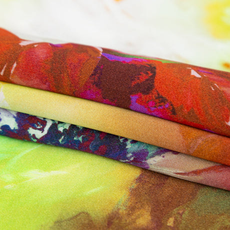 Mood Exclusive Italian Green and Orange Painterly Floral Digitally Printed Silk Charmeuse