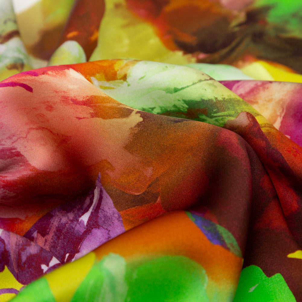 Mood Exclusive Italian Green and Orange Painterly Floral Digitally Printed Silk Charmeuse