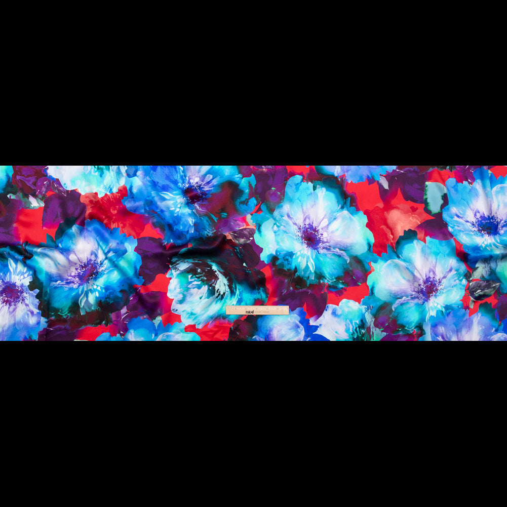 Mood Exclusive Italian Blue Windsor Wine and Purple Painterly Floral Digitally Printed Silk Charmeuse