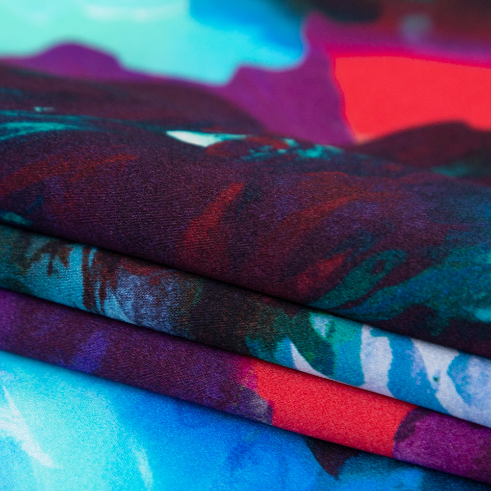 Mood Exclusive Italian Blue Windsor Wine and Purple Painterly Floral Digitally Printed Silk Charmeuse