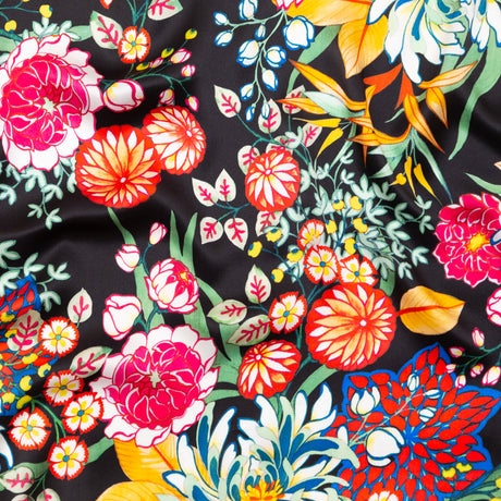 Mood Exclusive Italian Black, Green and Tangerine Floral Digitally Printed Silk Charmeuse