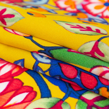 Mood Exclusive Italian Mimosa and Stone Blue Floral Digitally Printed Silk Charmeuse