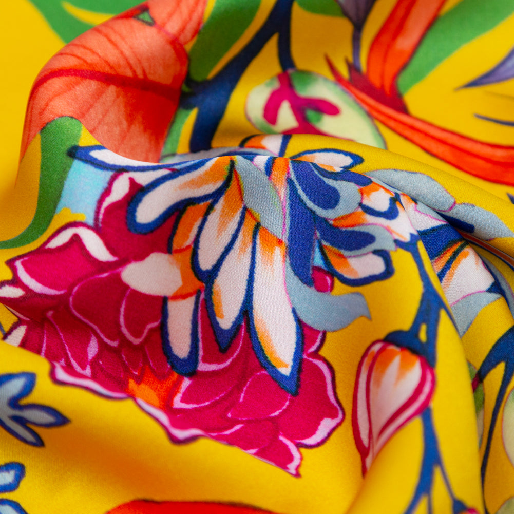 Mood Exclusive Italian Mimosa and Stone Blue Floral Digitally Printed Silk Charmeuse