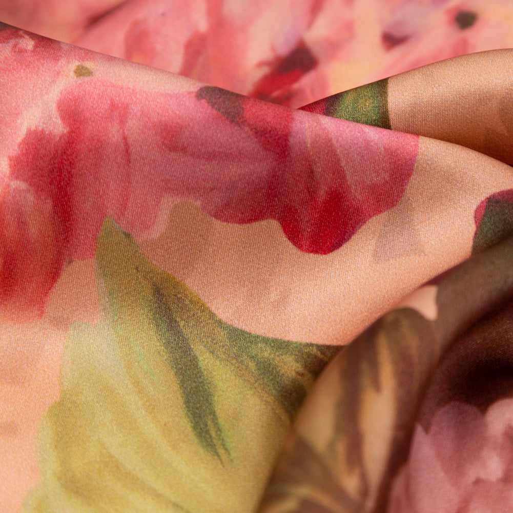 Mood Exclusive Italian Dusty Rose and Pompeian Red Painterly Floral Digitally Printed Silk Charmeuse