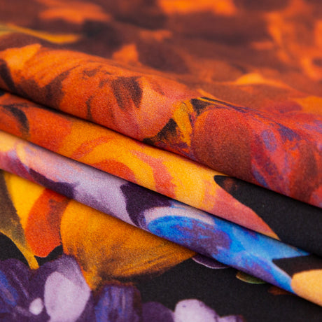 Mood Exclusive Italian Jaffa Orange, Moss and Grape Royale Painterly Floral Digitally Printed Silk Charmeuse