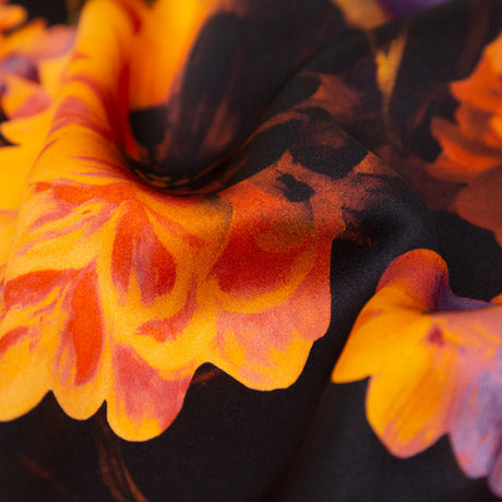 Mood Exclusive Italian Jaffa Orange, Moss and Grape Royale Painterly Floral Digitally Printed Silk Charmeuse