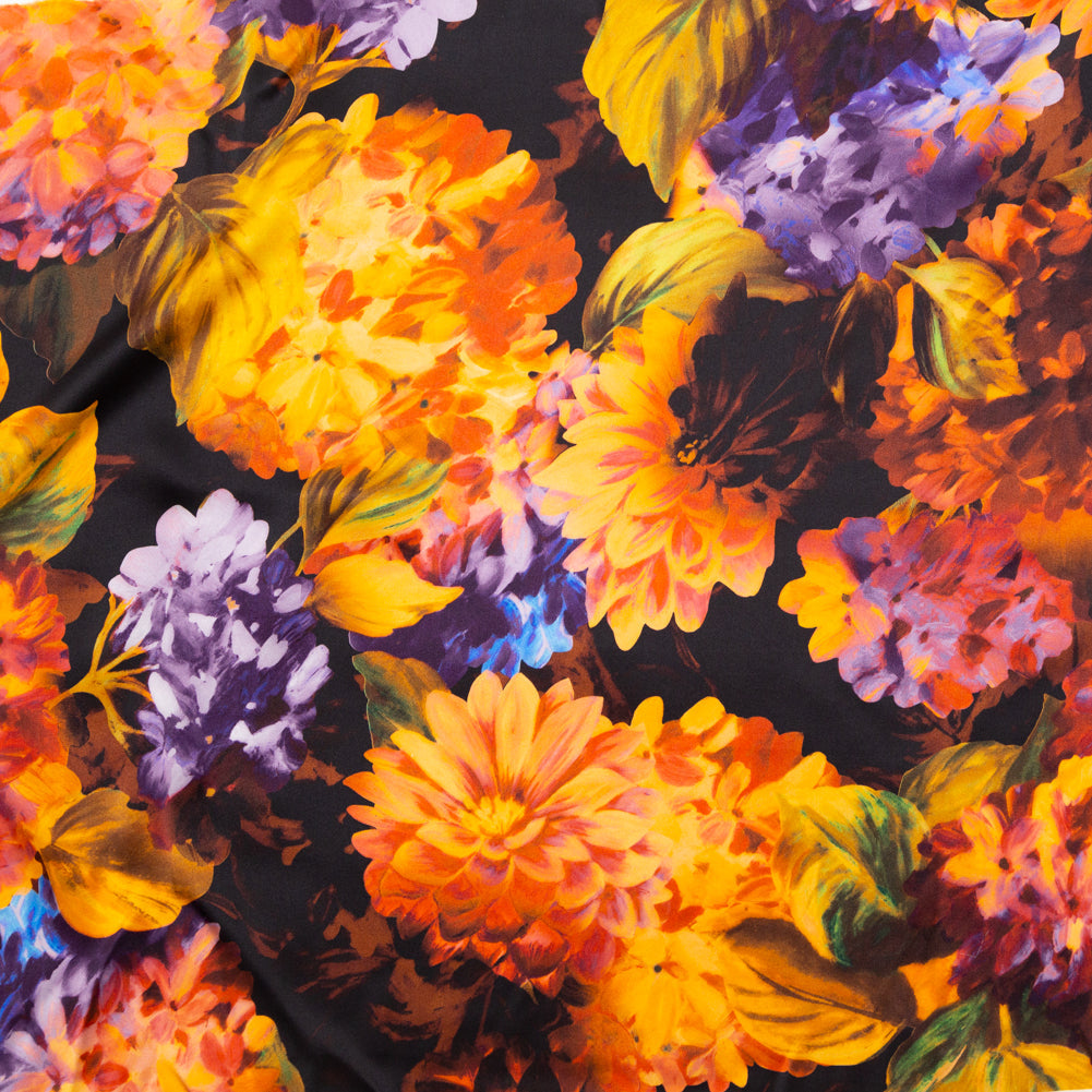 Mood Exclusive Italian Jaffa Orange, Moss and Grape Royale Painterly Floral Digitally Printed Silk Charmeuse