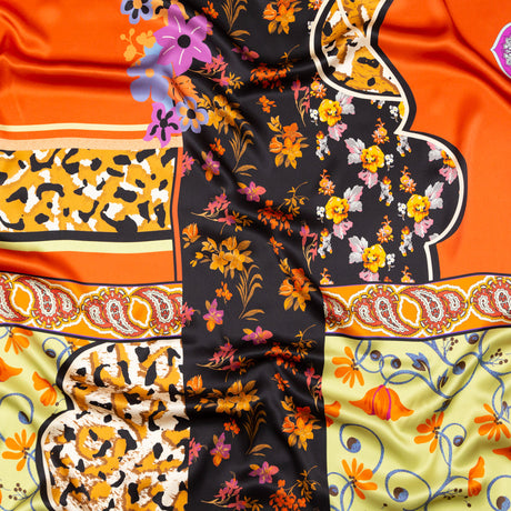 Mood Exclusive Italian Lime, Orange and Amethyst Floral Patchwork Digitally Printed Silk Charmeuse Panel