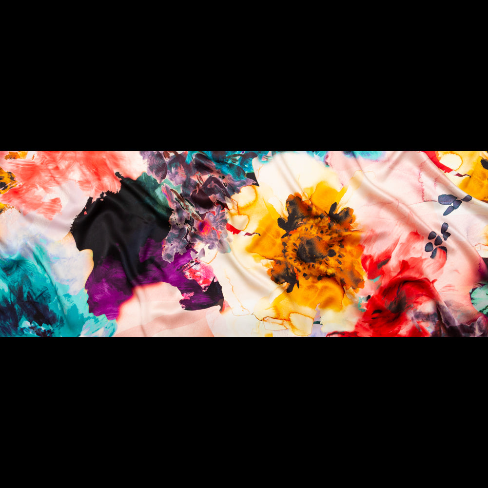 Mood Exclusive Italian Red, Mustard and Teal Abstract Floral Silk Charmeuse