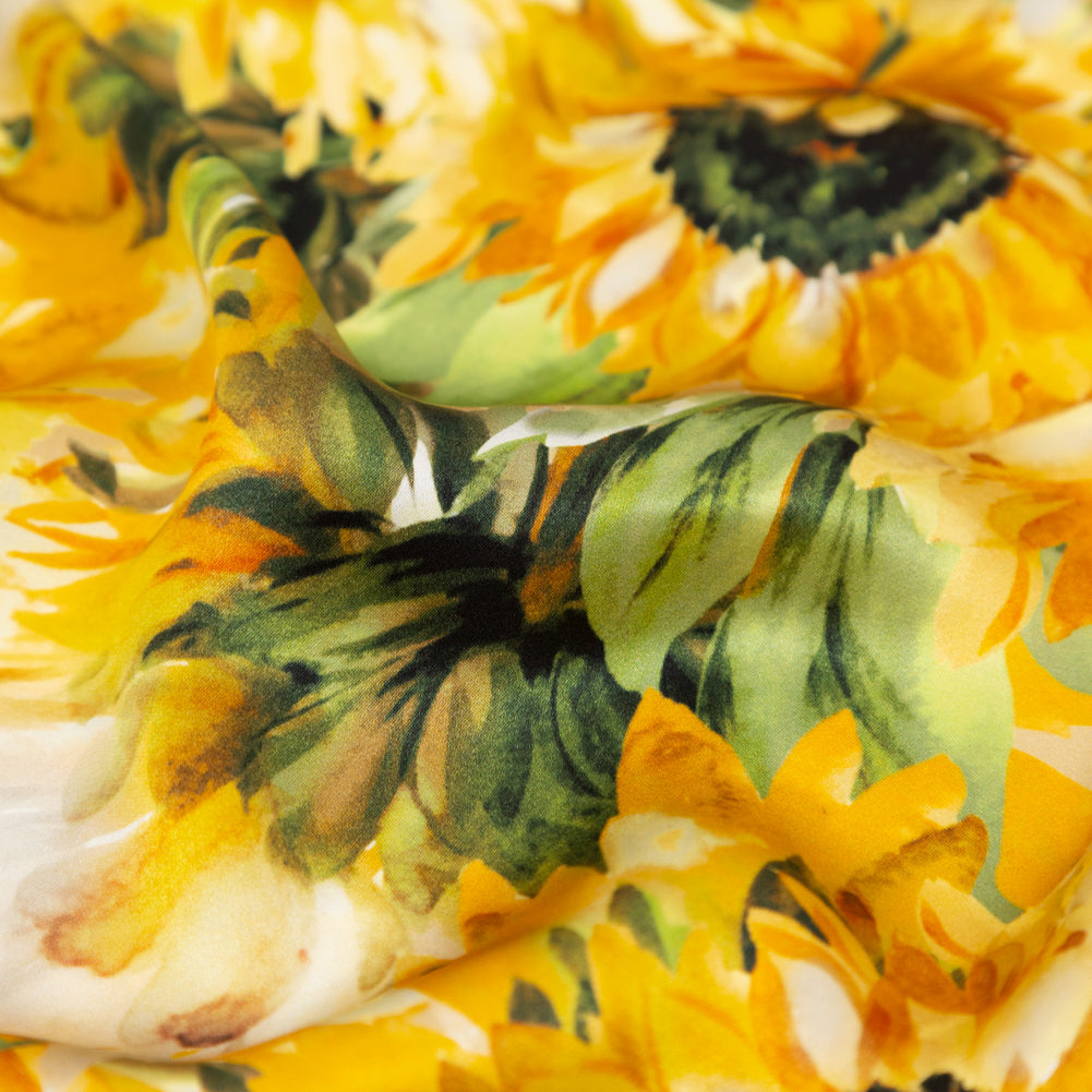 Mood Exclusive Italian Yellow and Green Sunflowers Digitally Printed Silk Charmeuse