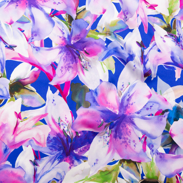 Mood Exclusive Italian Deep Blue and Red Violet Watercolor Floral Digitally Printed Silk Charmeuse