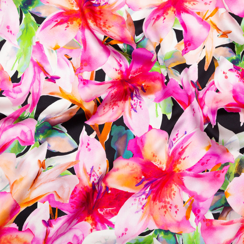 Mood Exclusive Italian Pink and Black Watercolor Floral Digitally Printed Silk Charmeuse