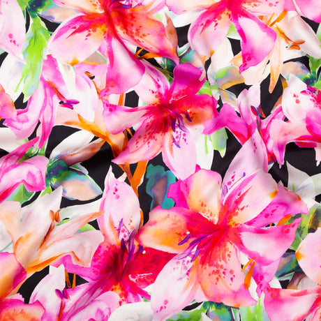 Mood Exclusive Italian Pink and Black Watercolor Floral Digitally Printed Silk Charmeuse