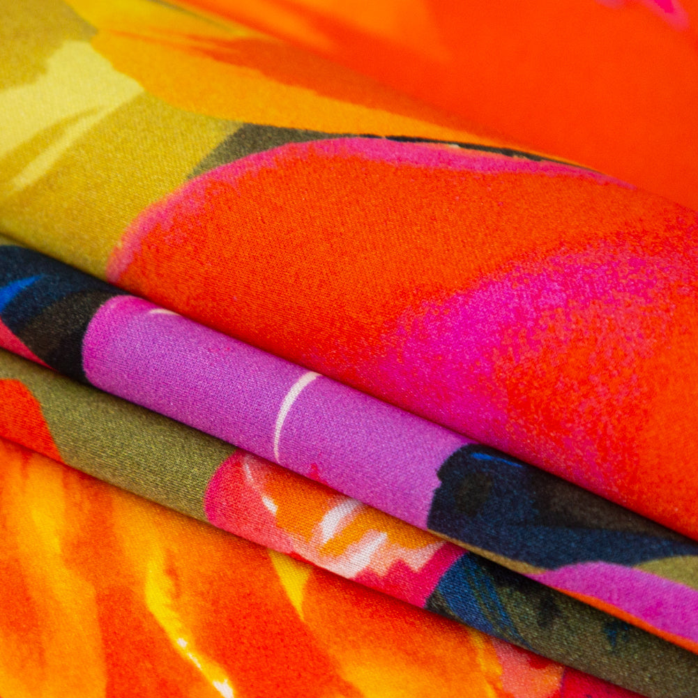 Mood Exclusive Italian Proper Pink and Tangy Orange Floral Digitally Printed Silk Charmeuse