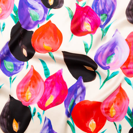 Mood Exclusive Italian Pale Beige, Pink and Purple Floral Digitally Printed Silk Charmeuse