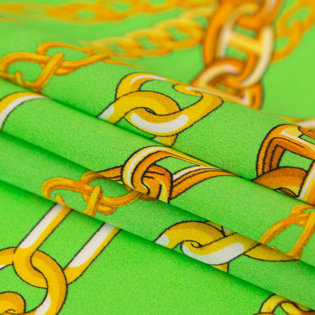 Mood Exclusive Italian Kelly Green and Gold Chains Digitally Printed Silk Charmeuse