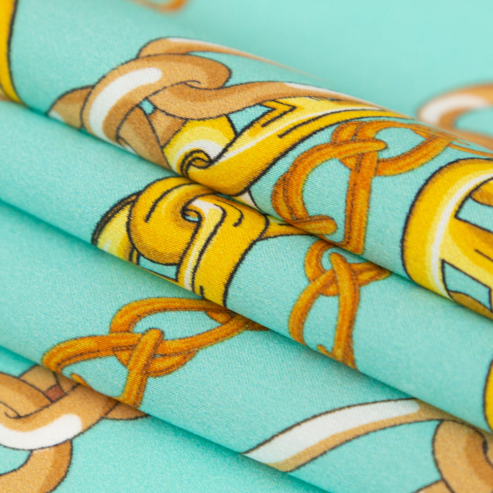Mood Exclusive Italian Teal and Gold Chains Digitally Printed Silk Charmeuse