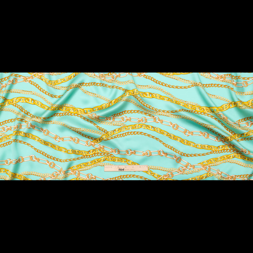 Mood Exclusive Italian Teal and Gold Chains Digitally Printed Silk Charmeuse
