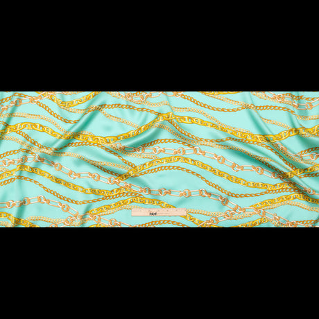 Mood Exclusive Italian Teal and Gold Chains Digitally Printed Silk Charmeuse