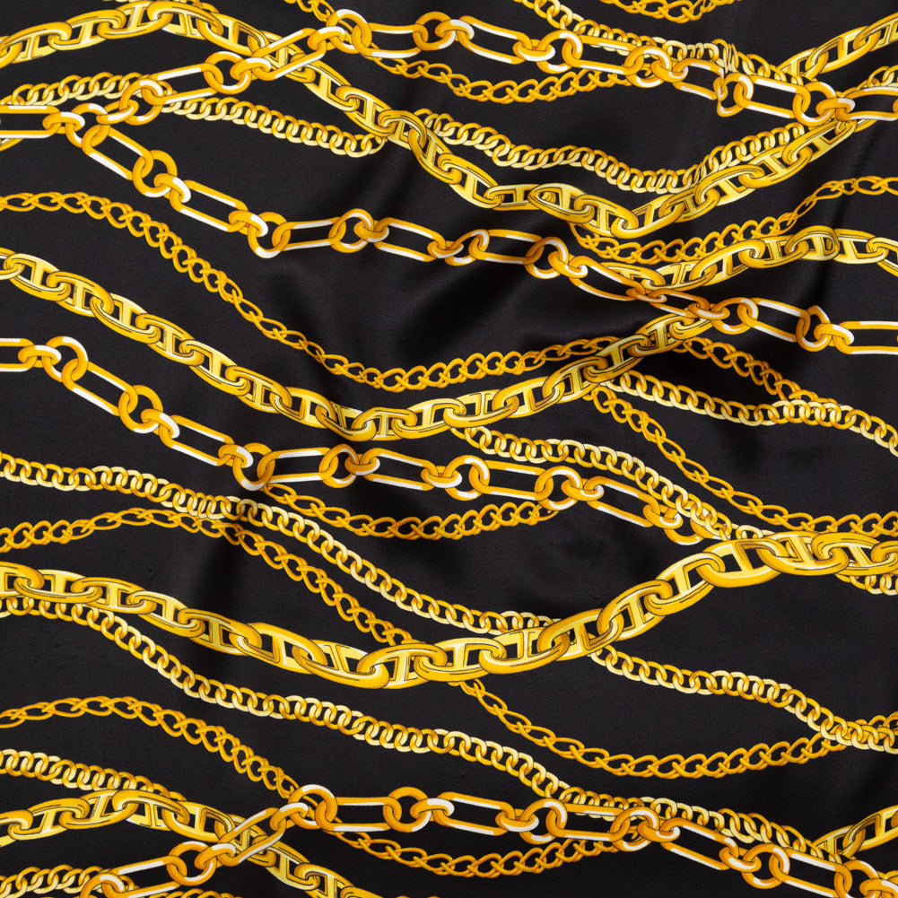 Mood Exclusive Italian Black Bean and Gold Chains Digitally Printed Silk Charmeuse