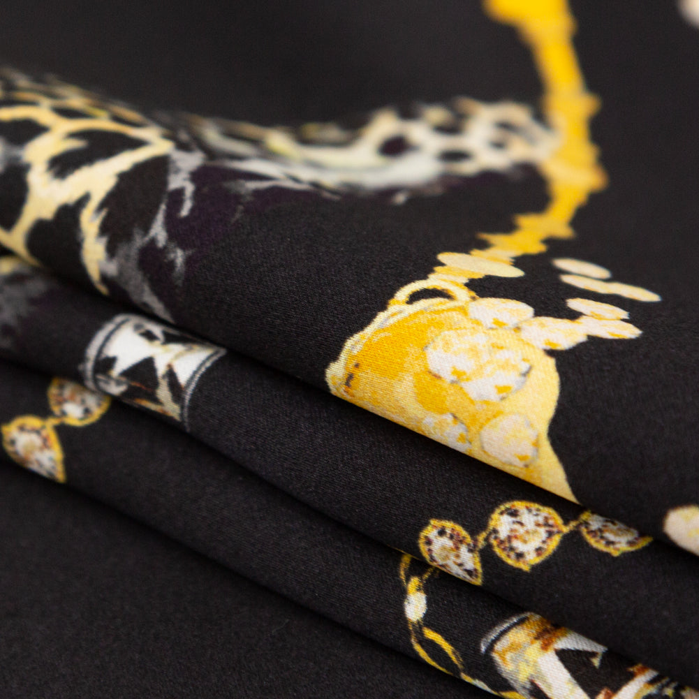 Mood Exclusive Italian Black and Gold Cheetahs and Gems Silk Charmeuse