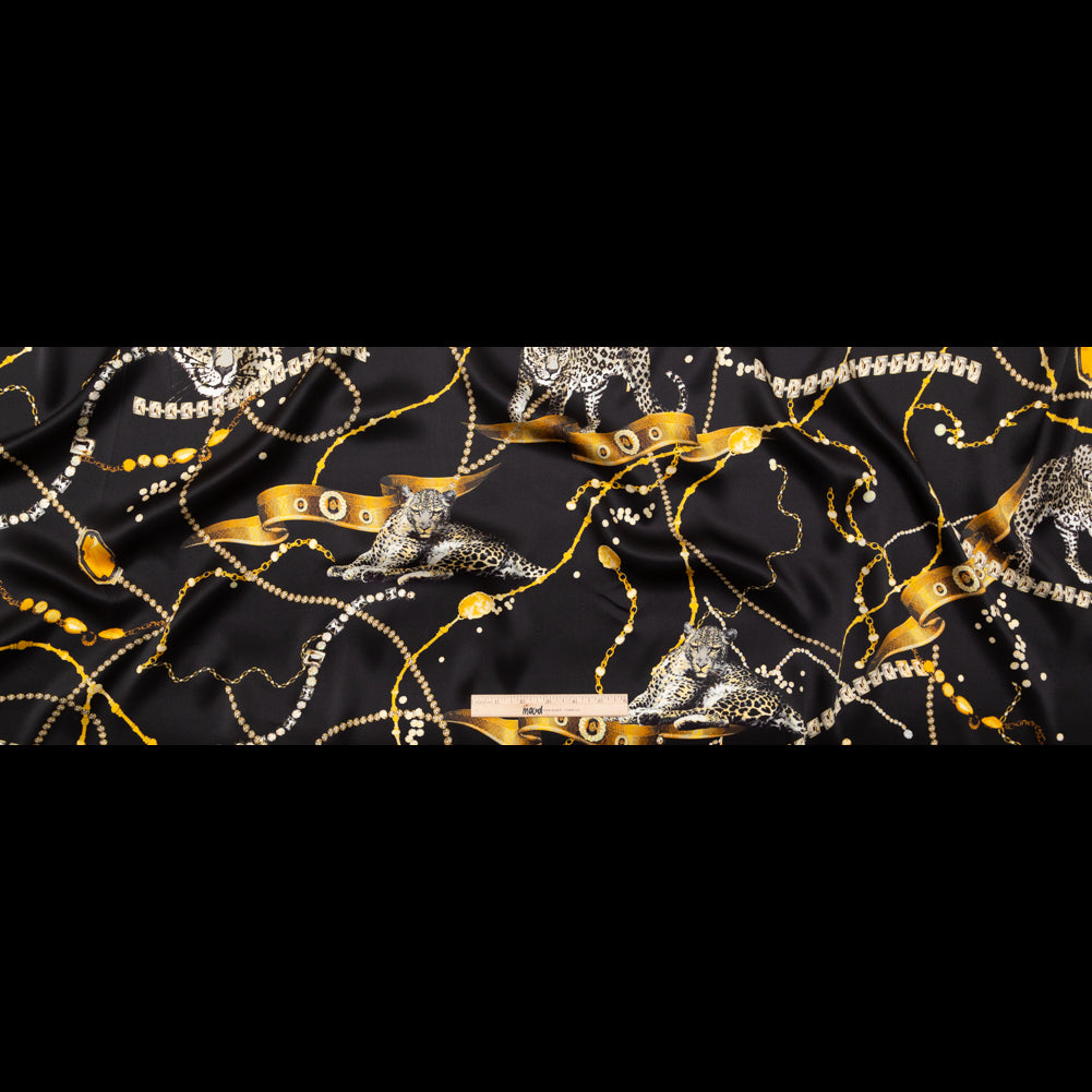 Mood Exclusive Italian Black and Gold Cheetahs and Gems Silk Charmeuse
