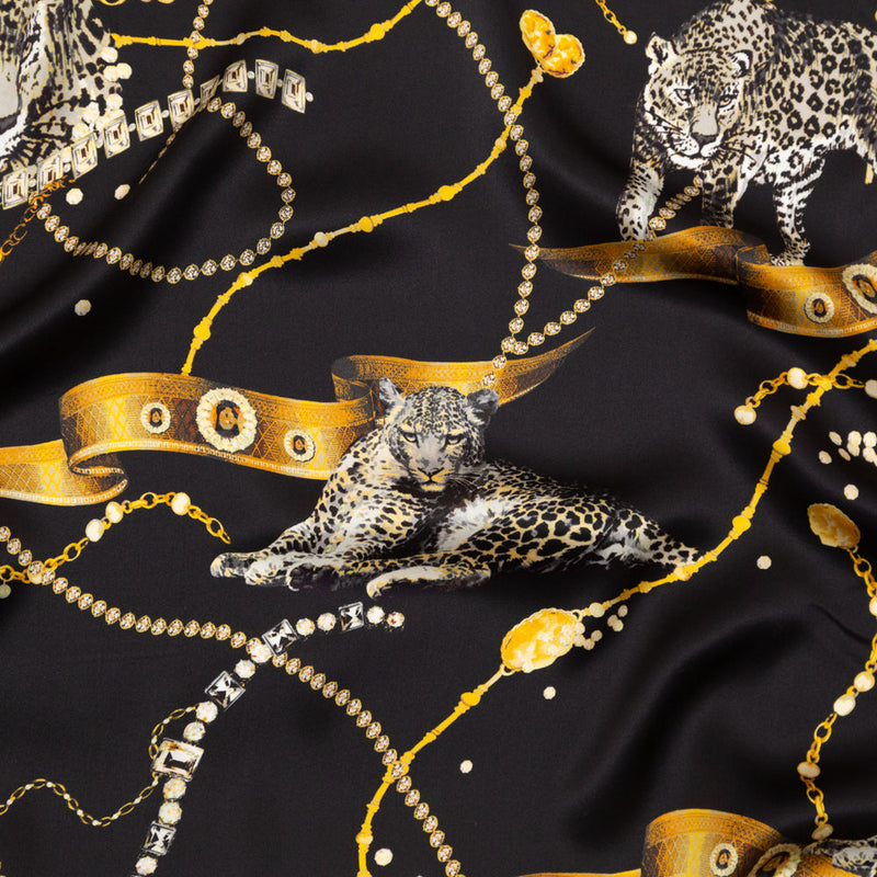 Mood Exclusive Italian Black and Gold Cheetahs and Gems Silk Charmeuse
