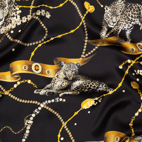 Mood Exclusive Italian Black and Gold Cheetahs and Gems Silk Charmeuse