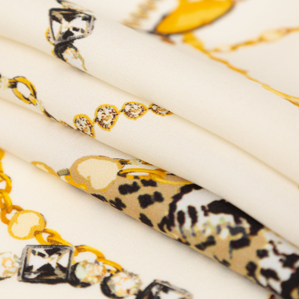 Mood Exclusive Italian Off-White and Gold Cheetahs and Gems Silk Charmeuse