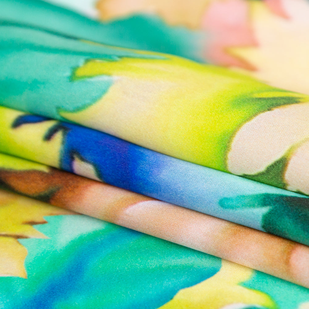 Mood Exclusive Italian Chartreuse and Sea Green Whimsical Floral Digitally Printed Silk Charmeuse