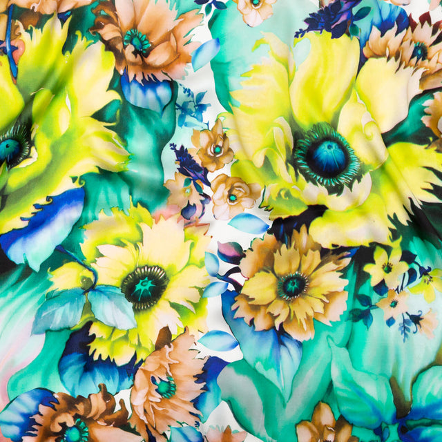 Mood Exclusive Italian Chartreuse and Sea Green Whimsical Floral Digitally Printed Silk Charmeuse