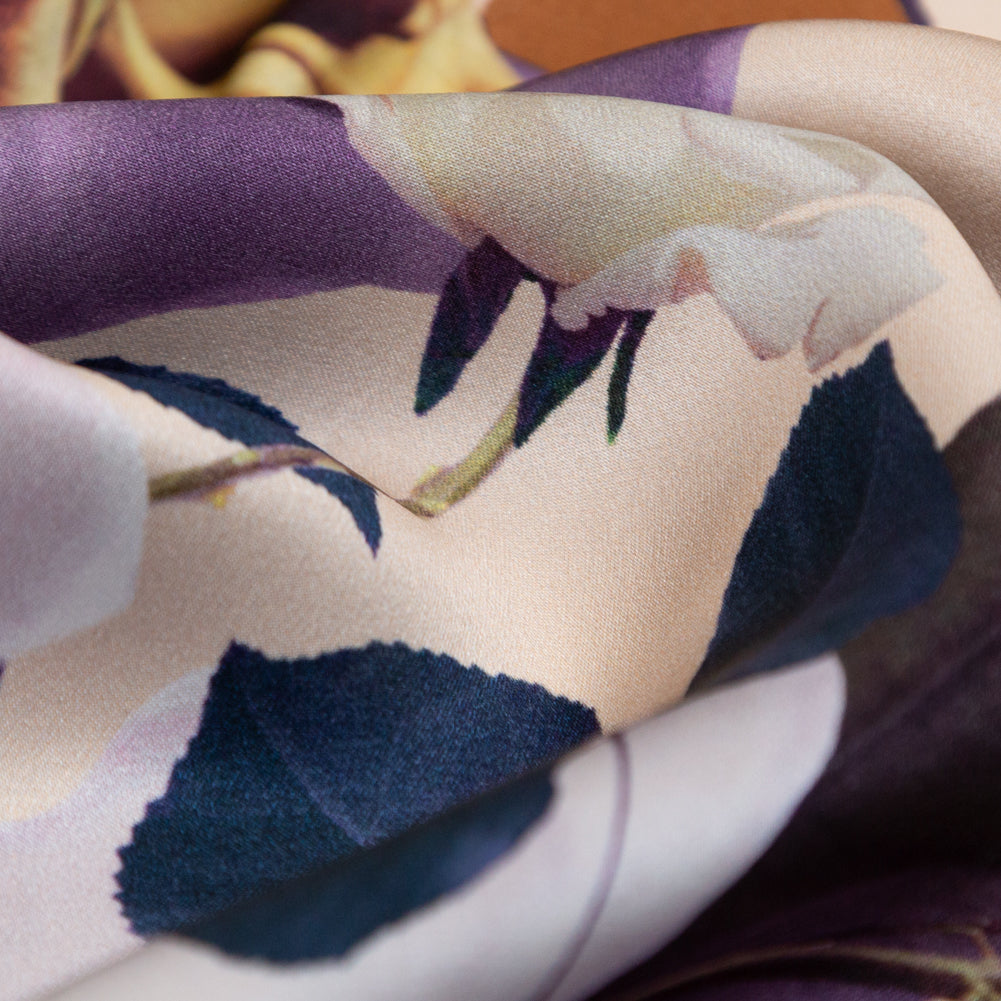 Mood Exclusive Italian Brown, Evening Rose and Mint Floral Border Digitally Printed Silk Charmeuse