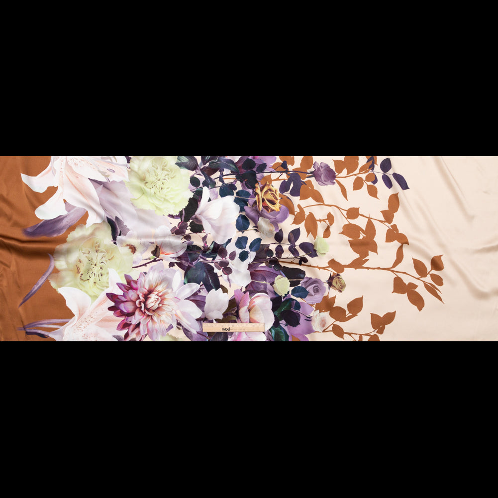 Mood Exclusive Italian Brown, Evening Rose and Mint Floral Border Digitally Printed Silk Charmeuse