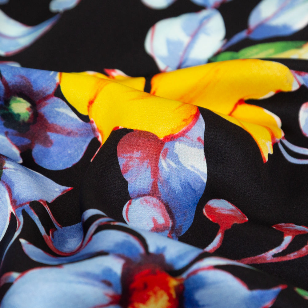 Mood Exclusive Italian Black Silk Charmeuse with Central Digitally Printed Florals