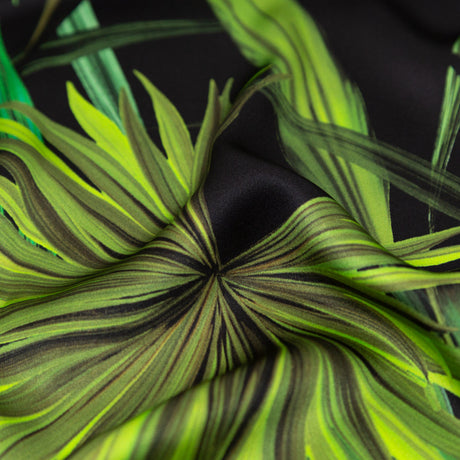 Mood Exclusive Italian Green and Black Palm Leaves Digitally Printed Silk Charmeuse Panel