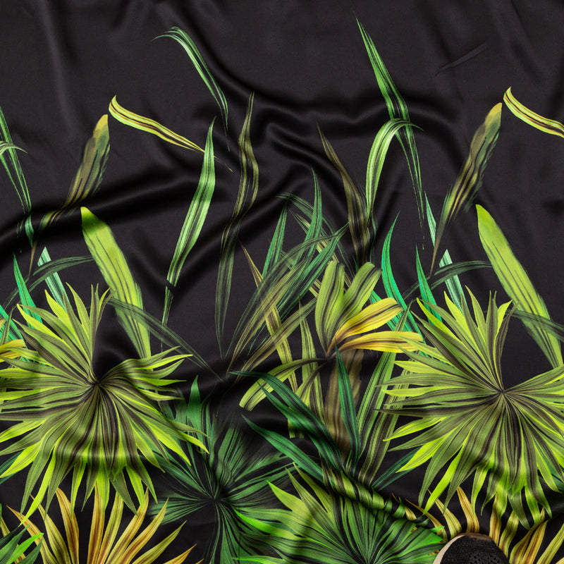 Mood Exclusive Italian Green and Black Palm Leaves Digitally Printed Silk Charmeuse Panel
