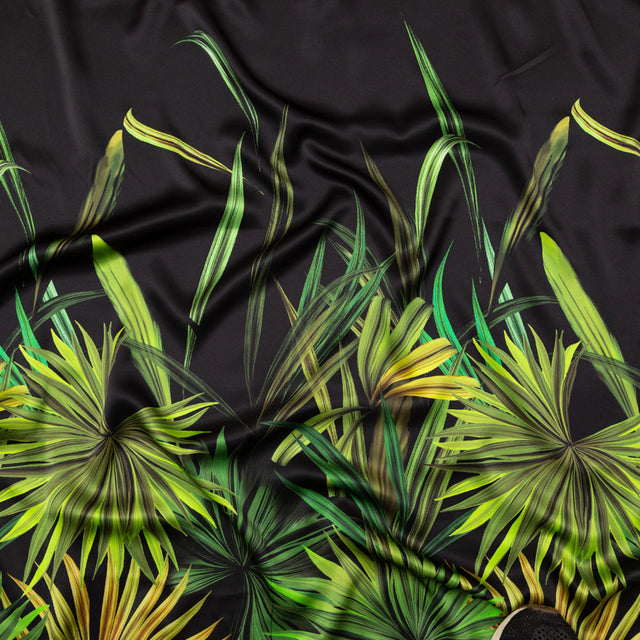 Mood Exclusive Italian Green and Black Palm Leaves Digitally Printed Silk Charmeuse Panel
