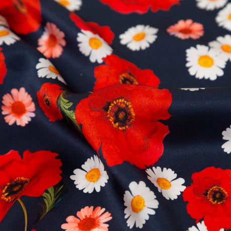Mood Exclusive Italian Navy, Red and Gray Floral Border Digitally Printed Silk Charmeuse