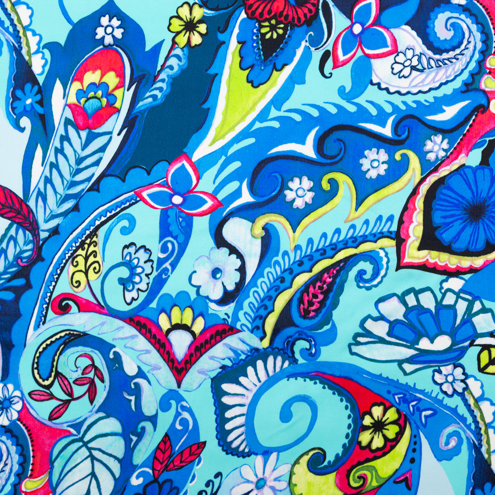 Mood Exclusive Italian Baleine Blue, Lime and Azalea Pink Paisley Digitally Printed Silk Charmeuse