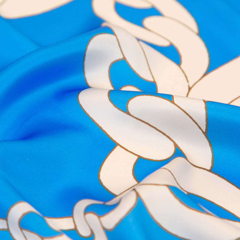 Mood Exclusive Italian Cerulean Blue and Almond Milk Large Chains Digitally Printed Silk Charmeuse