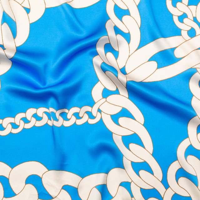 Mood Exclusive Italian Cerulean Blue and Almond Milk Large Chains Digitally Printed Silk Charmeuse