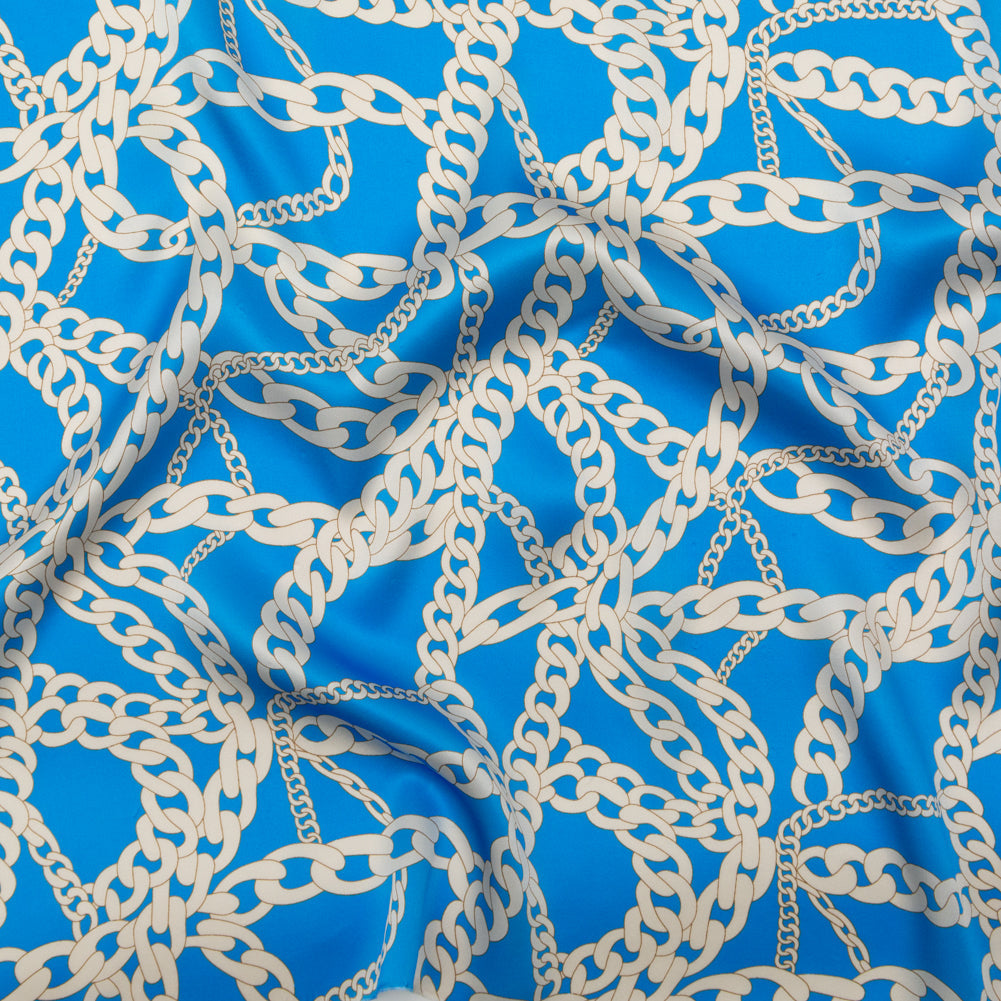 Mood Exclusive Italian Light Blue and Oatmeal Chains Digitally Printed Silk Charmeuse