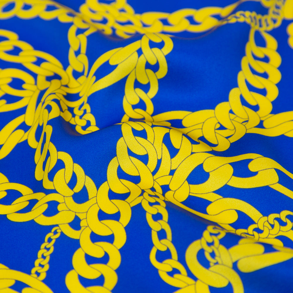 Mood Exclusive Italian Blue and Yellow Chains Digitally Printed Silk Charmeuse