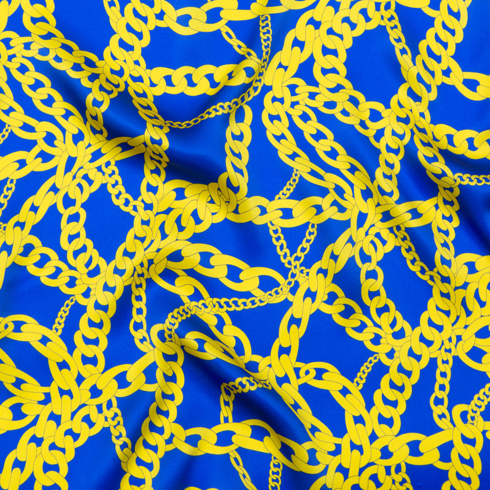 Mood Exclusive Italian Blue and Yellow Chains Digitally Printed Silk Charmeuse