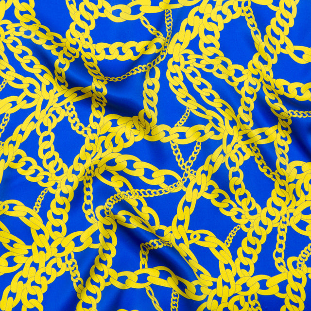 Mood Exclusive Italian Blue and Yellow Chains Digitally Printed Silk Charmeuse